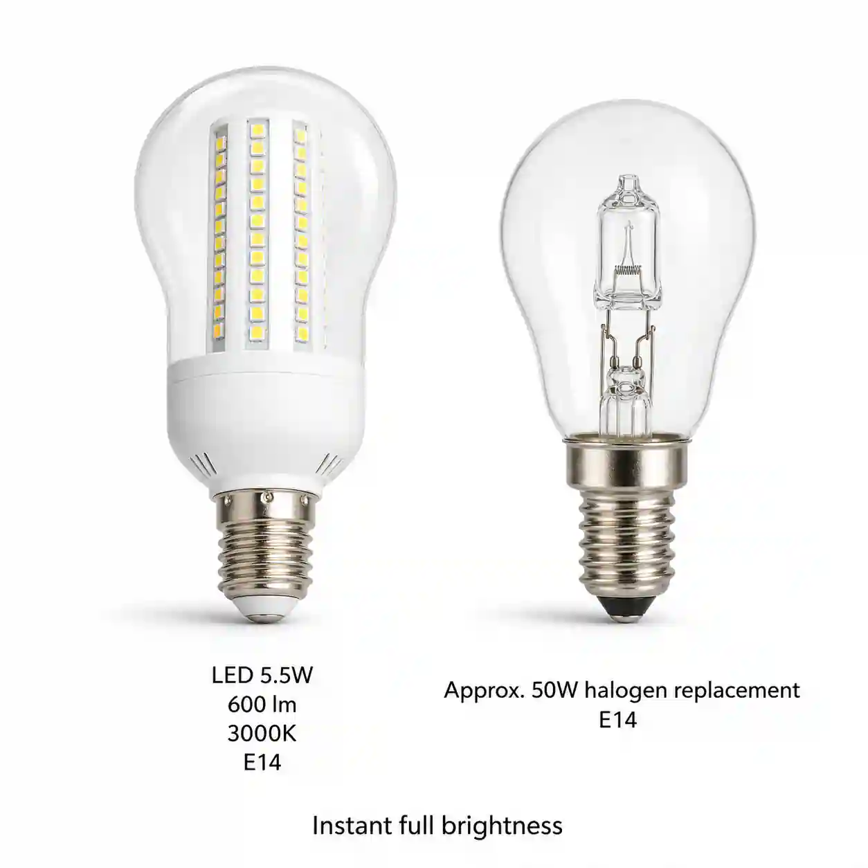 Srovnání LED žárovky E14 vedle klasické halogenové žárovky